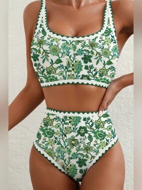 Shewin high waist green floral vine print bikini top and bottom size medium